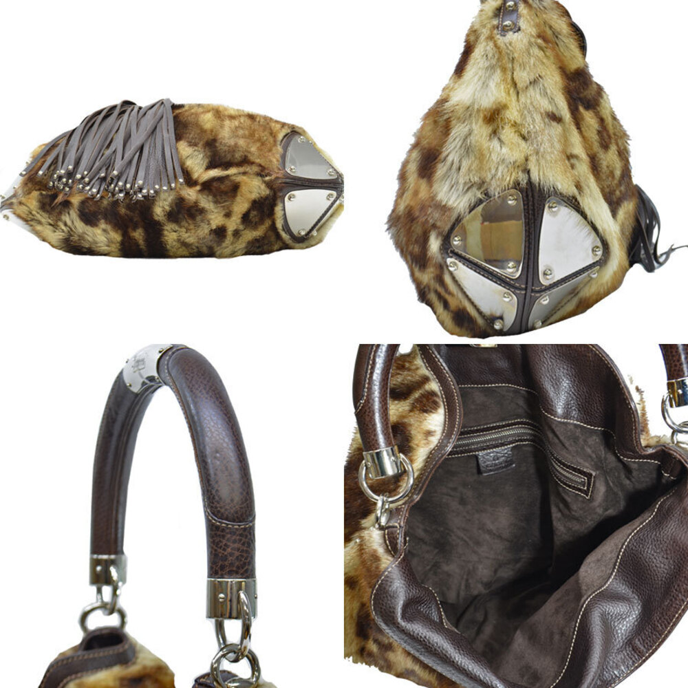 Gucci Bamboo Shoulder Bag Brown Silver Fur Leather Metallic - Picture 2 of 3